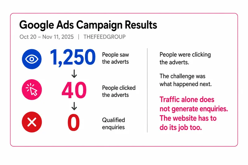 The Feed Group Google Ads campaign proof screenshot showing clicks, impressions, click-through rate and average cost per click.
