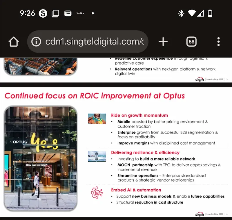 Licensed commercial photograph used in Singtel Investor Day 2025 presentation on ROIC improvement at Optus
