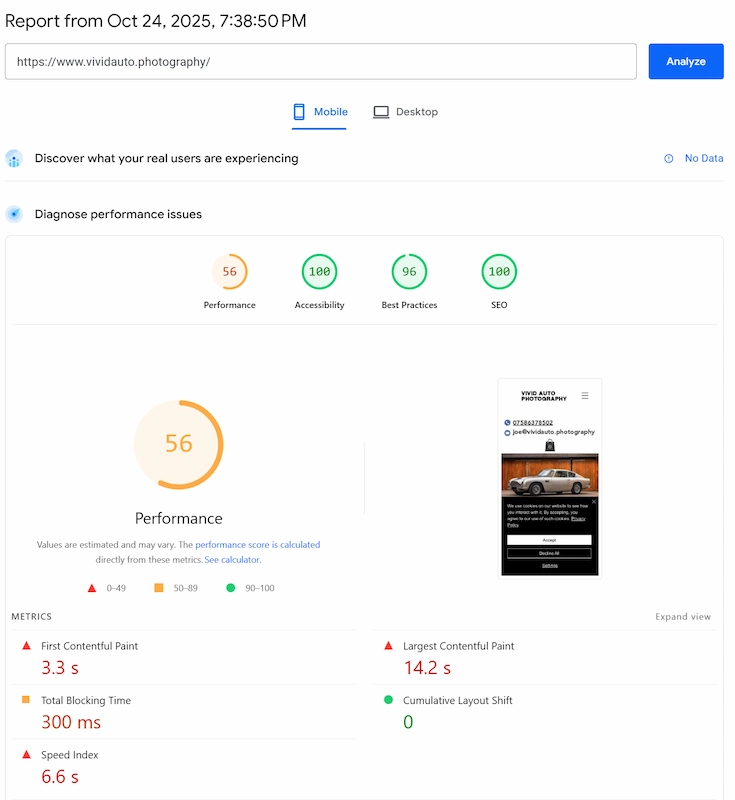 Google Lighthouse performance score of 56 before secure cloud migration showing poor performance metrics